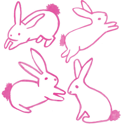 Four pink outline illustrations of rabbits on a white background