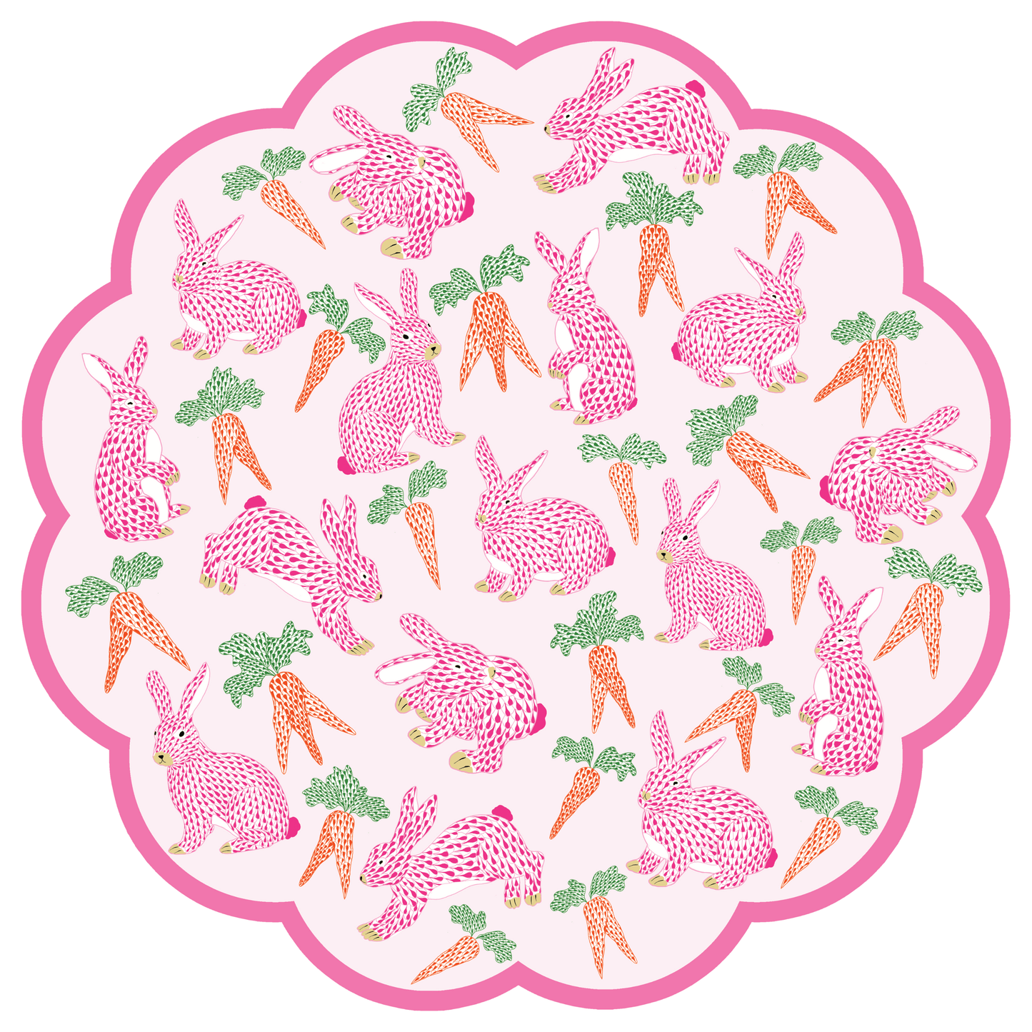 Patterned paper placemat with pink bunnies and carrots on a white background