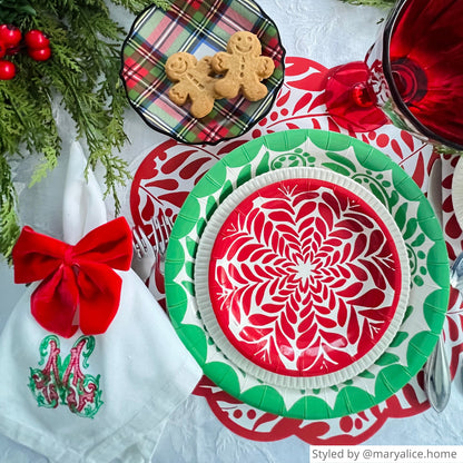 Cha Cha Red Paper Placemats + 10" Green Paper Plates + 7" Red Paper Plates