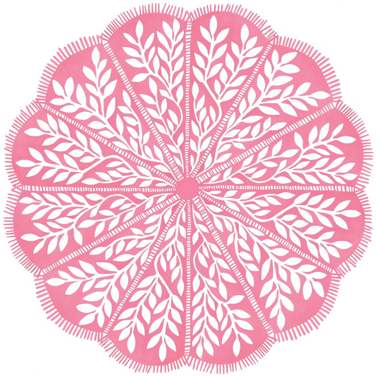 Round scalloped paper placemats featuring a pink and white vine pattern