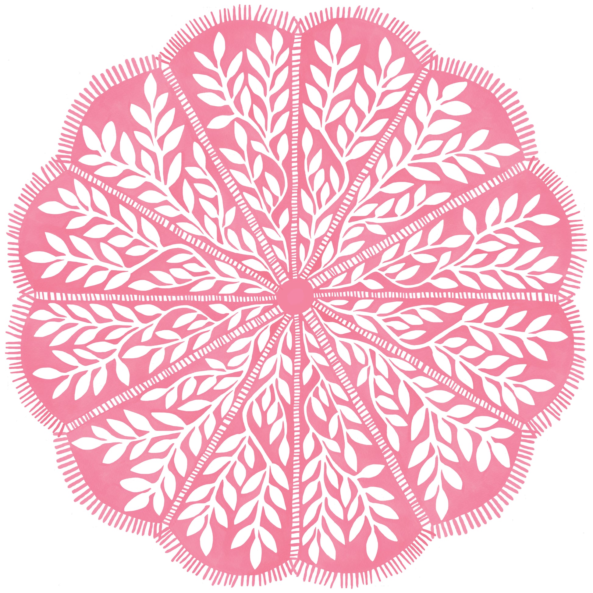 Round scalloped paper placemats featuring a pink and white vine pattern