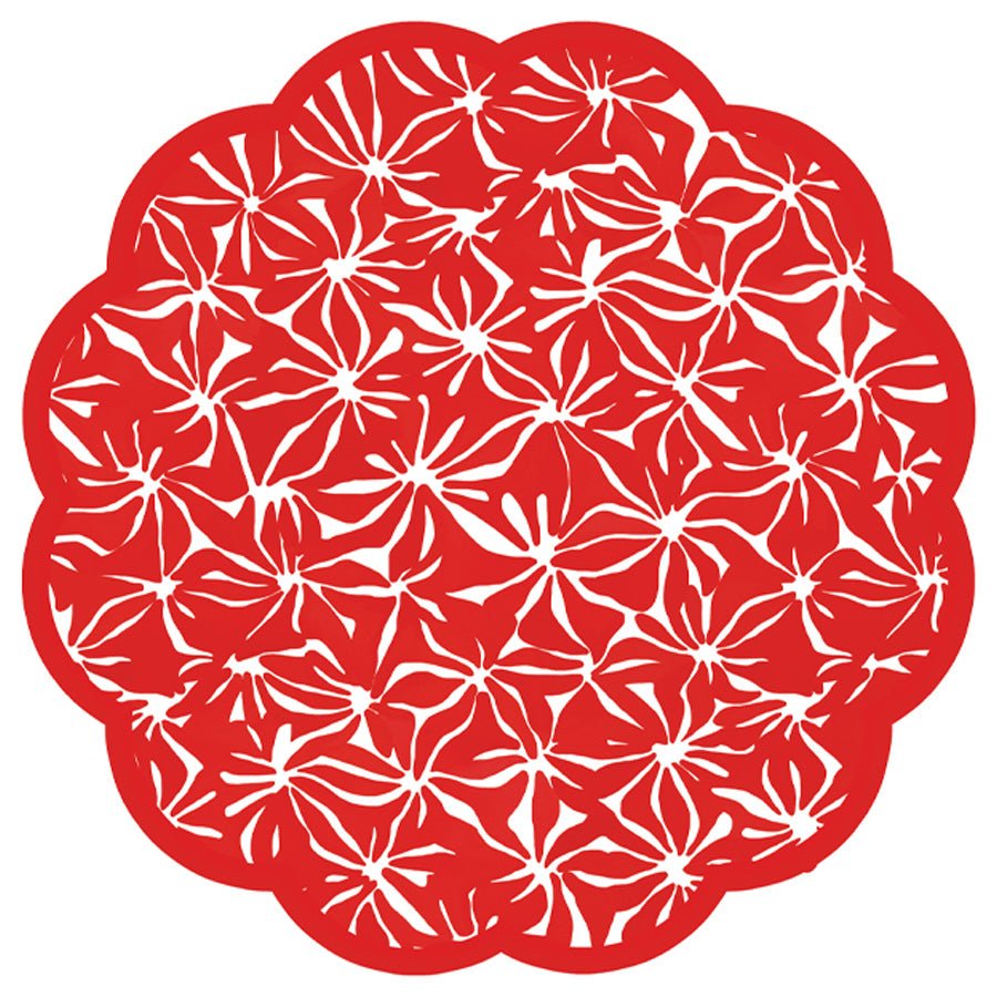 Round scalloped disposable paper placemats featuring a red and white pattern