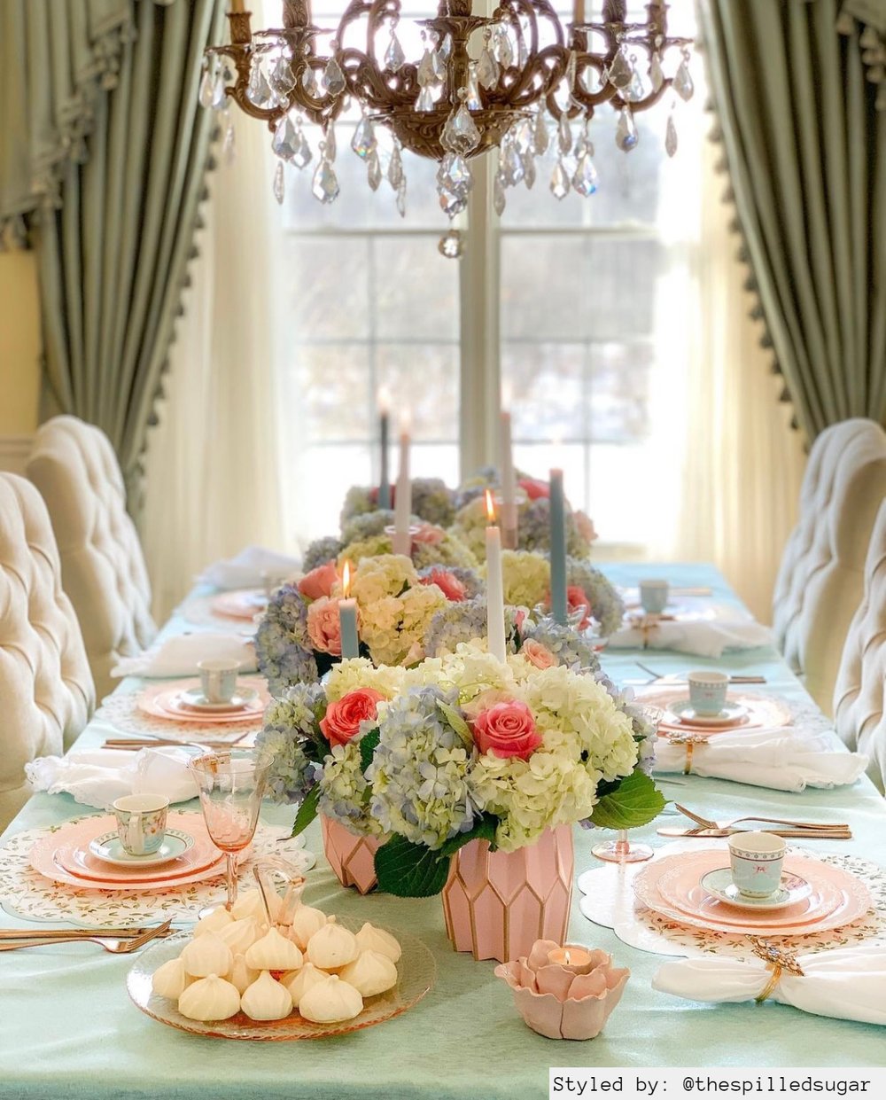 Pink tea party table setting for Galentines Day