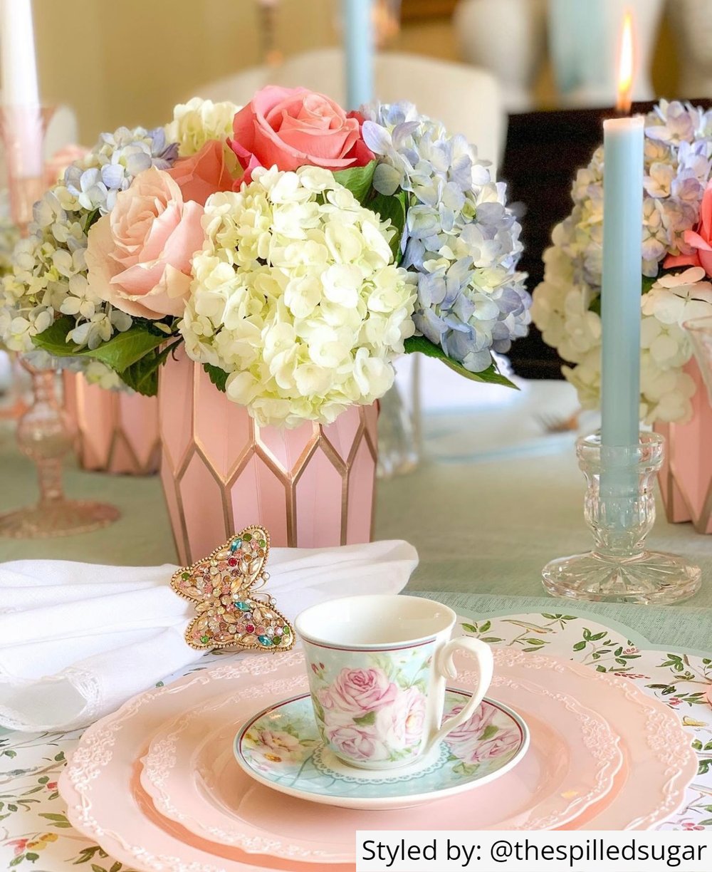 Pink vase and flower arrangement for a Galentine's Day tea party