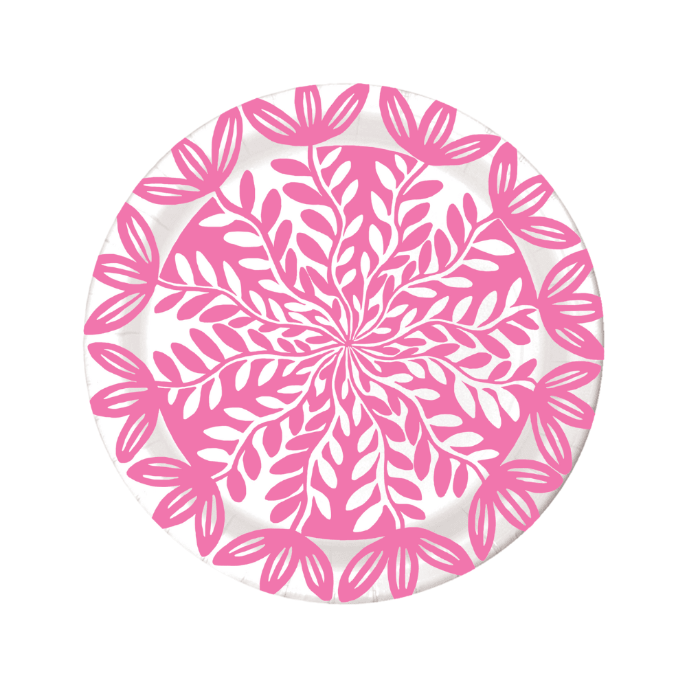 Round pink floral patterned paper plate on a white background