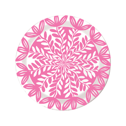 Round pink floral patterned paper plate on a white background