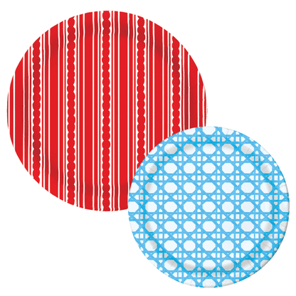 Two paper plates: red striped dinner plate and light blue rattan-weave dessert plate