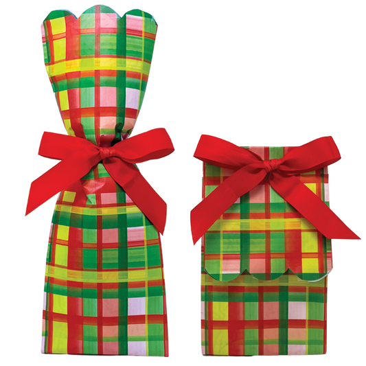 Two paper gift bag kits in a red, green, and yellow plaid print, shown tied as a tall wine bag and a shorter gift bag, each with a red ribbon bow