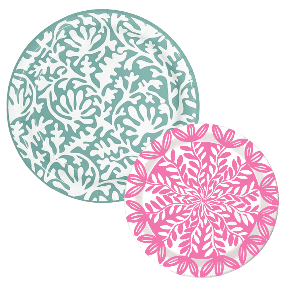 Two paper plates: a teal abstract floral damask dinner plate and a pink botanical leaf-print dessert plate