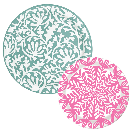 Two paper plates: a teal abstract floral damask dinner plate and a pink botanical leaf-print dessert plate