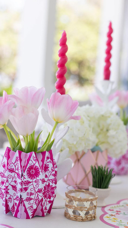Pink and white centerpiece with flowers for Mother's Day