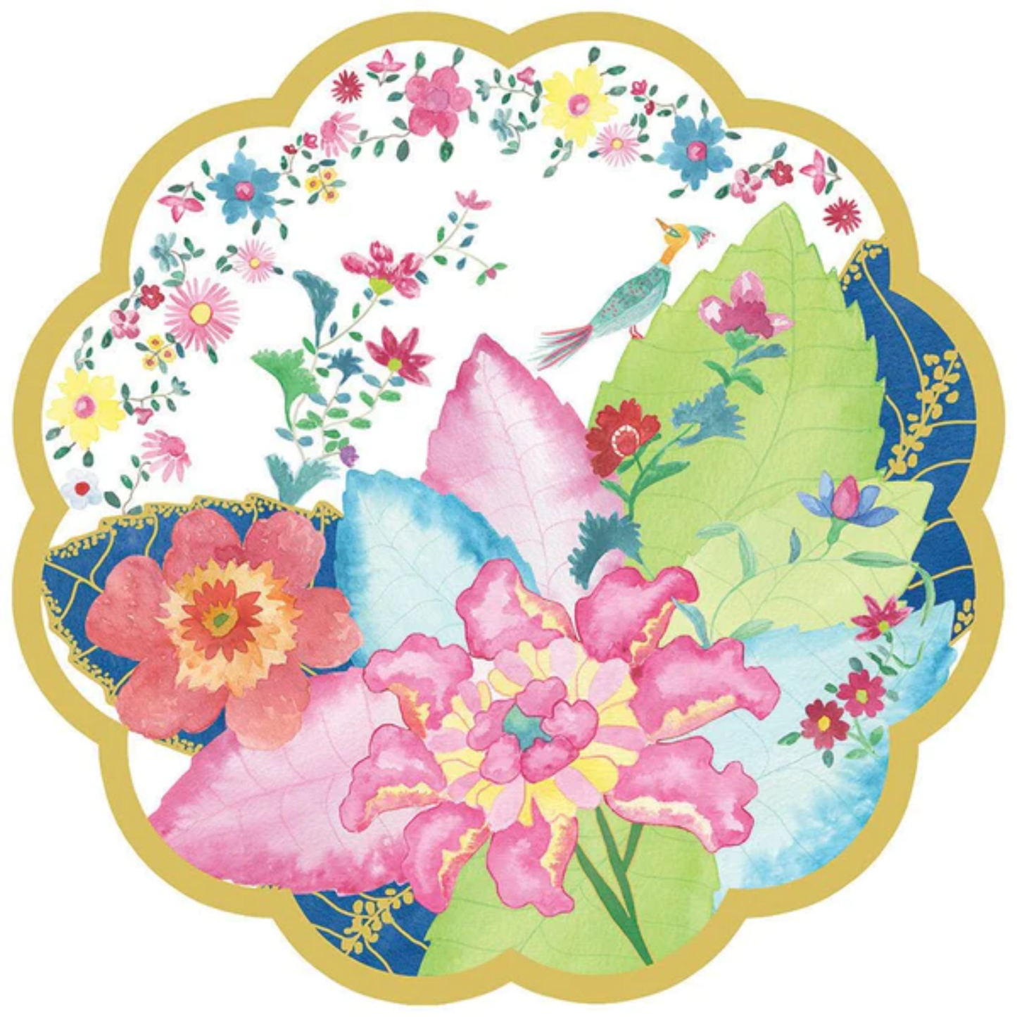 Decorative paper placemat with colorful floral and tobacco leaf design and gold scalloped edge