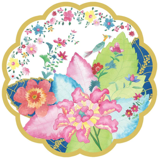 Decorative paper placemat with colorful floral and tobacco leaf design and gold scalloped edge