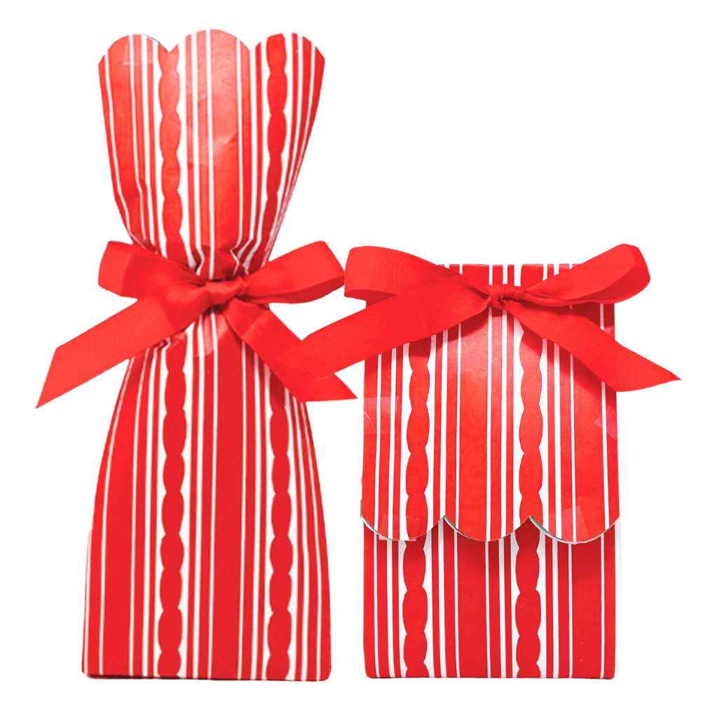 Two paper gift bag kits in a red and white striped and beaded-chain print, shown tied as a tall wine bag and a shorter gift bag, each with a red ribbon bow