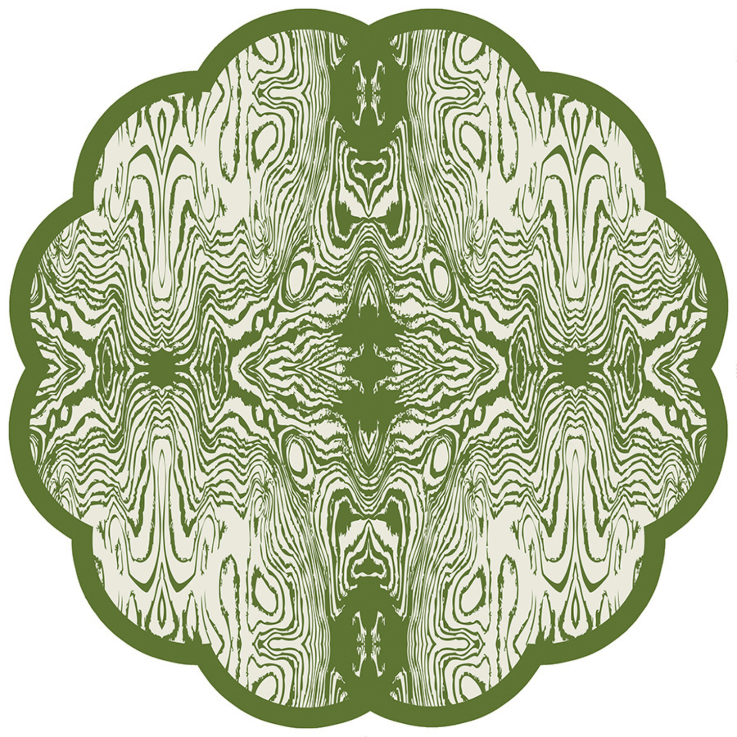 A scalloped paper placemat with a wood grain pattern in green and white colors