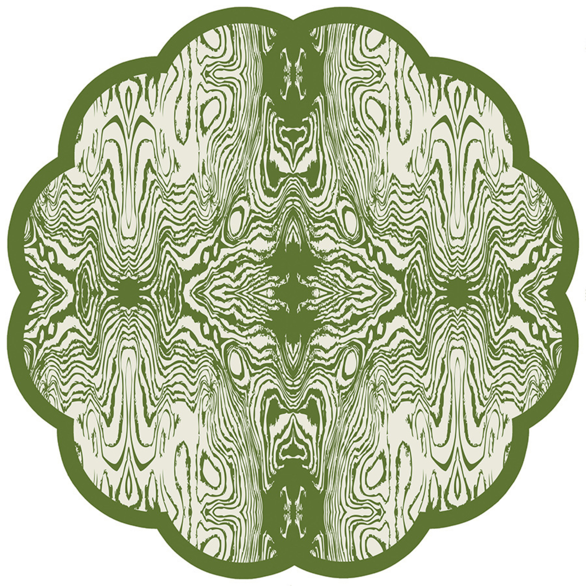 A scalloped paper placemat with a wood grain pattern in green and white colors