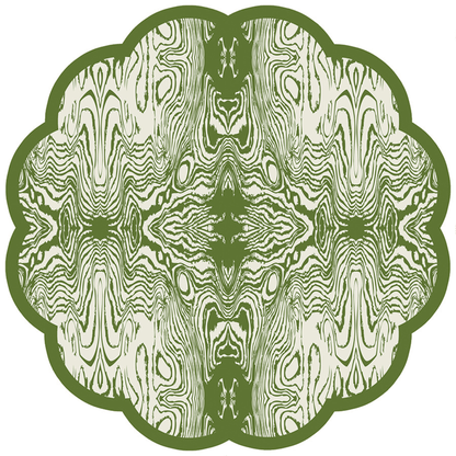 A scalloped paper placemat with a wood grain pattern in green and white colors