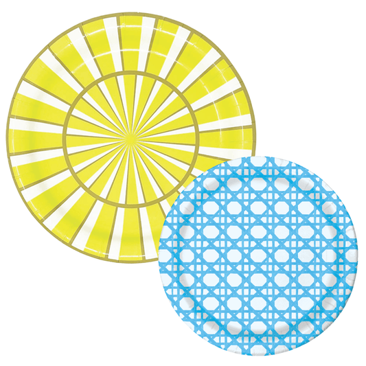 Two paper plates: a yellow sunburst-striped dinner plate and a light blue rattan-weave dessert plate