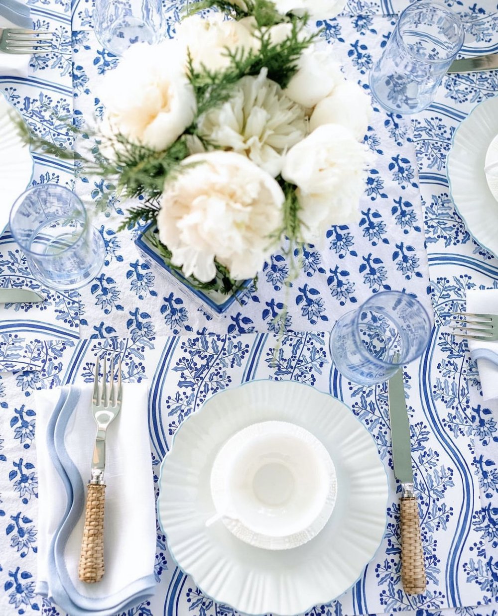 Blue and white holiday table setting