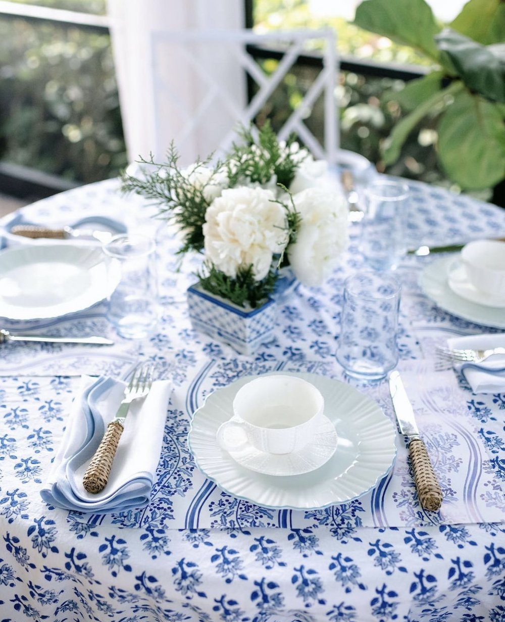 Blue and white holiday table setting