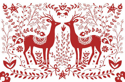 White paper placemat with two red reindeer