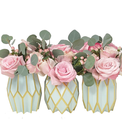 Tiffany blue and gold paper vases with pink flowers