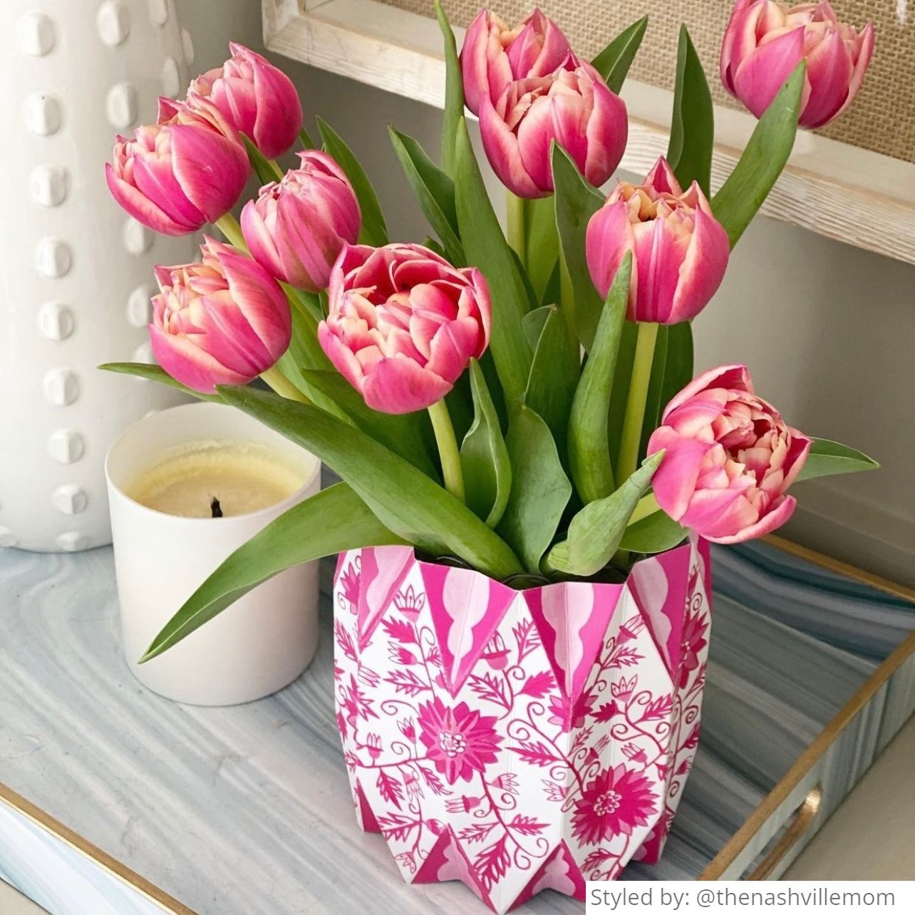 Pink chinoiserie vase wrap with pink tulips on a gray tray