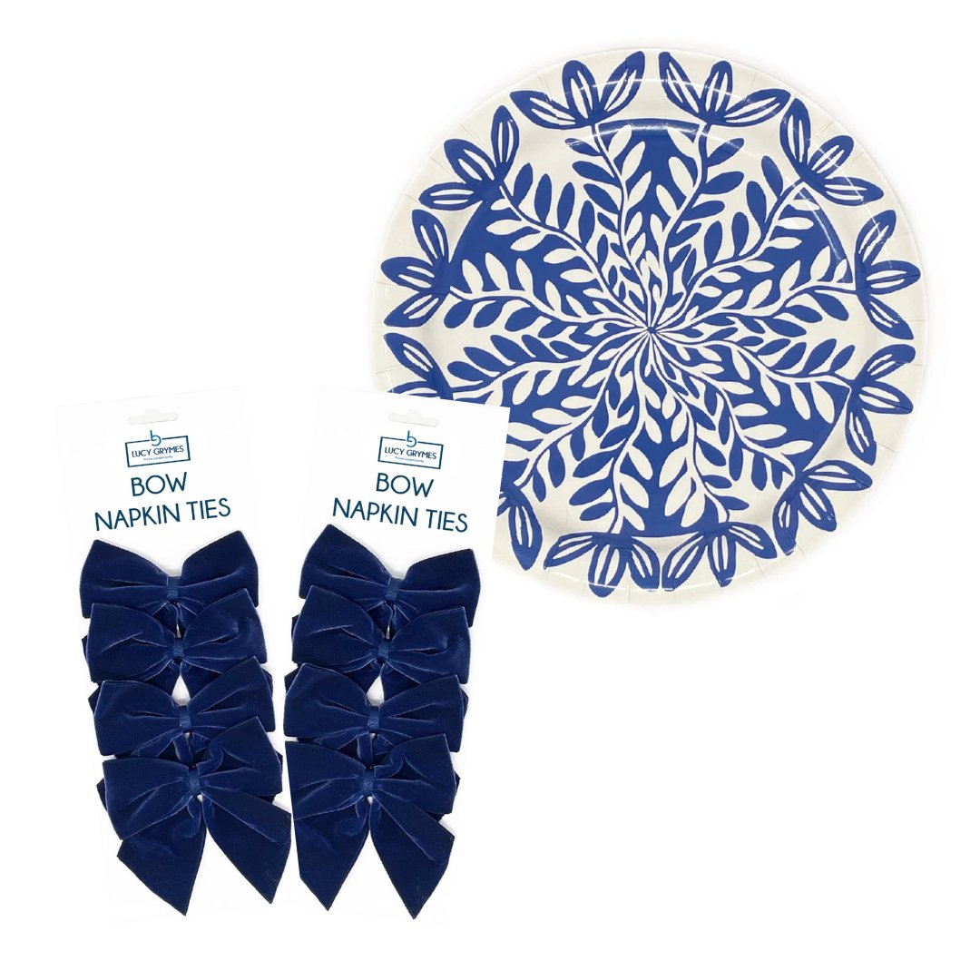 10" Blue Heavy Duty Paper Plates and Navy Bow Napkin Ties Bundle