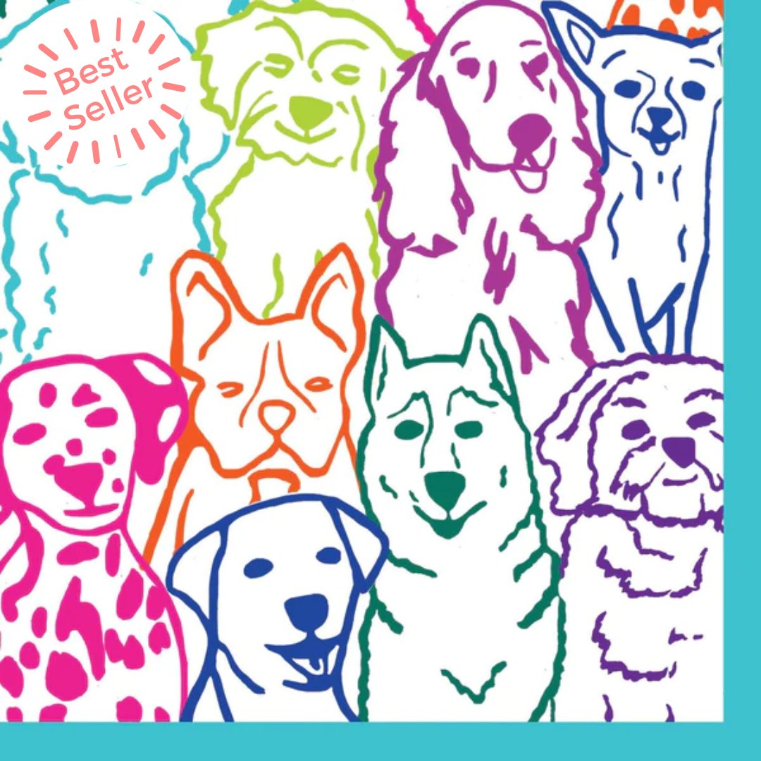 Brightly colored square paper cocktail napkin featuring multicolored dogs on a white background