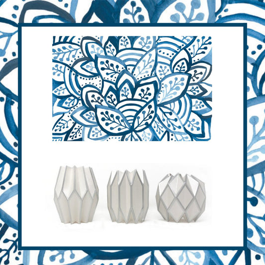 Blue Burst Placemats and Silver Pearl Vase Wraps