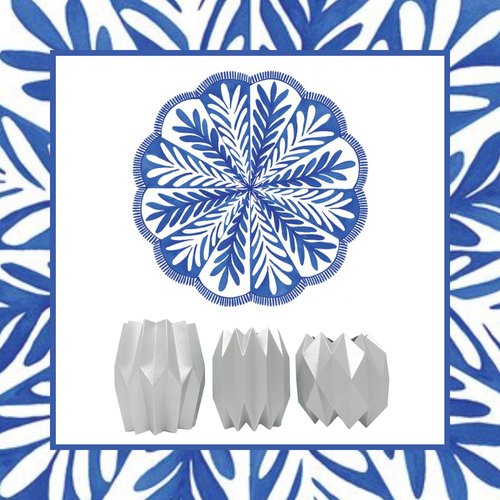 Blue Pinwheel Scalloped Placemats and Silver Vase Wraps