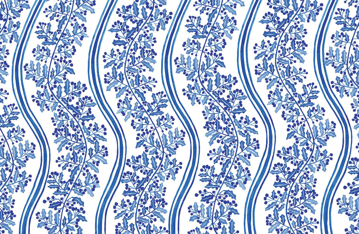 Paper placemat with blue and white holly pattern