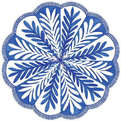 Round scalloped paper placemat featuring a blue and white vine pattern