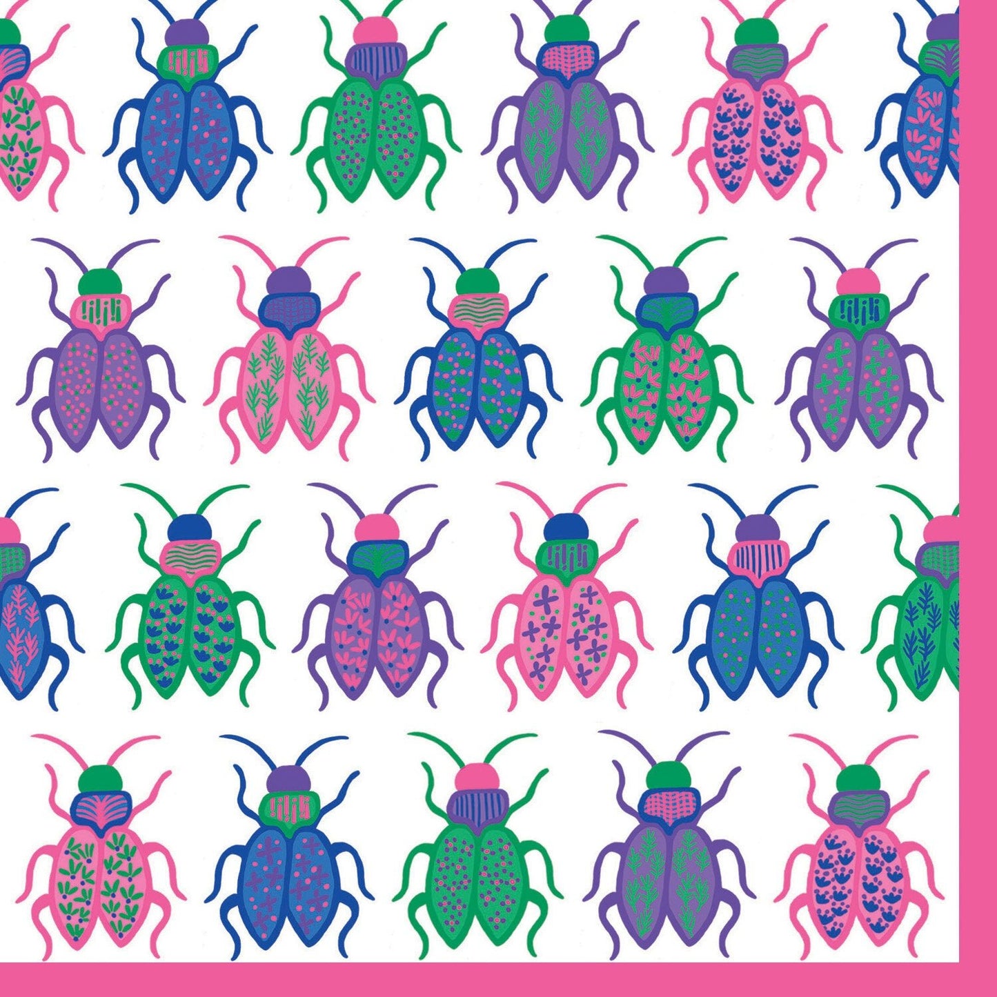 Brightly colored square paper cocktail napkin featuring multicolored bugs on a white background