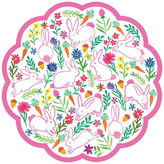 Round paper placemats with mini bunny pattern and scalloped pink border