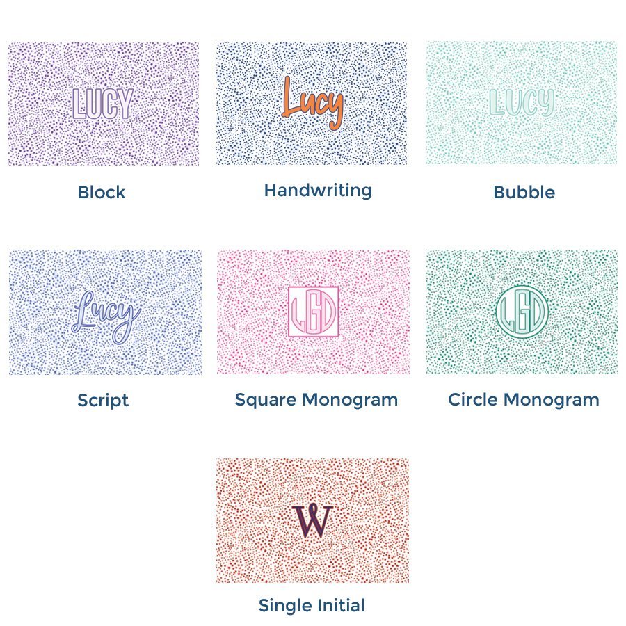 Paper placemat pads featuring a customizable dot pattern and various personalized name options