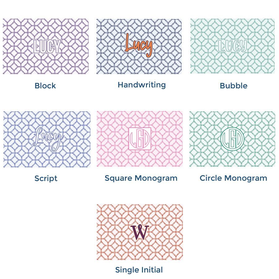 Paper placemat pads featuring a customizable fretwork pattern and various personalized name options
