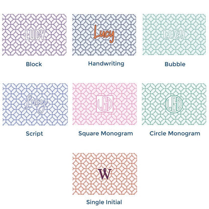 Paper placemat pads featuring a customizable fretwork pattern and various personalized name options