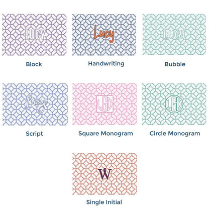 Paper placemat pads featuring a customizable fretwork pattern and various personalized name options