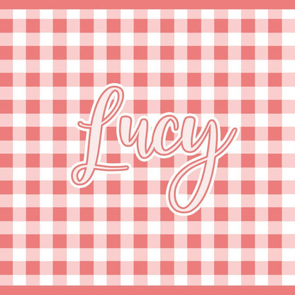 Paper placemat featuring a customizable gingham pattern and personalized name