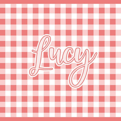 Paper placemat featuring a customizable gingham pattern and personalized name