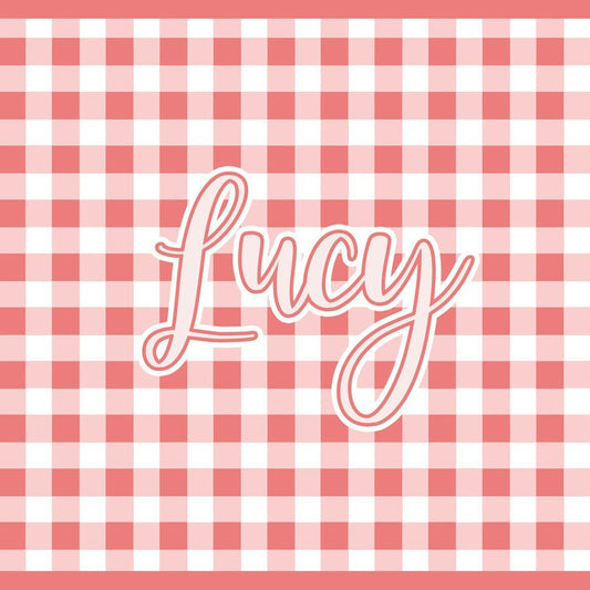 Paper placemat featuring a customizable gingham pattern and personalized name