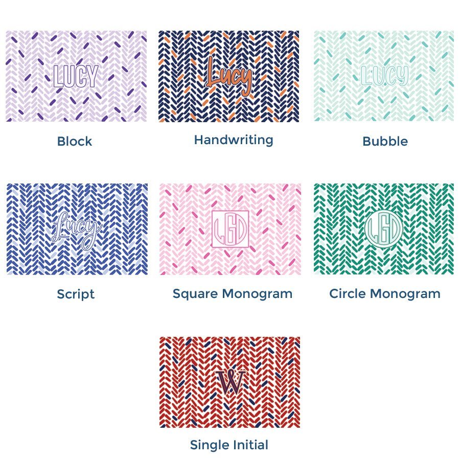 Paper placemat pads featuring a customizable herringbone pattern and various personalized name options