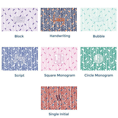 Paper placemat pads featuring a customizable herringbone pattern and various personalized name options