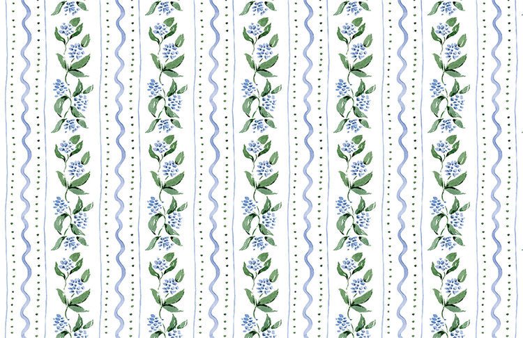 White paper placemat with blue and green floral print