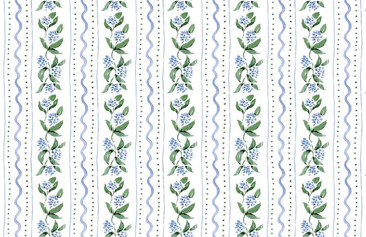 White paper placemat with blue and green floral print