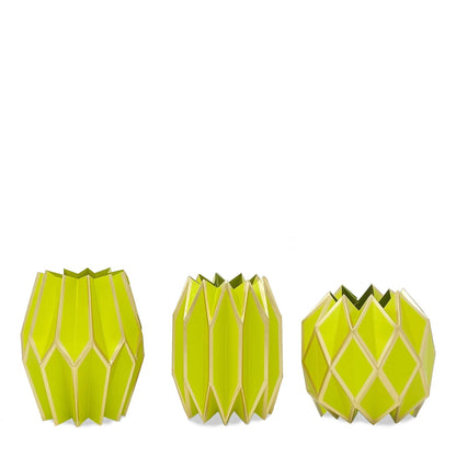 Chartreuse paper sleeve vases featuring gold accents
