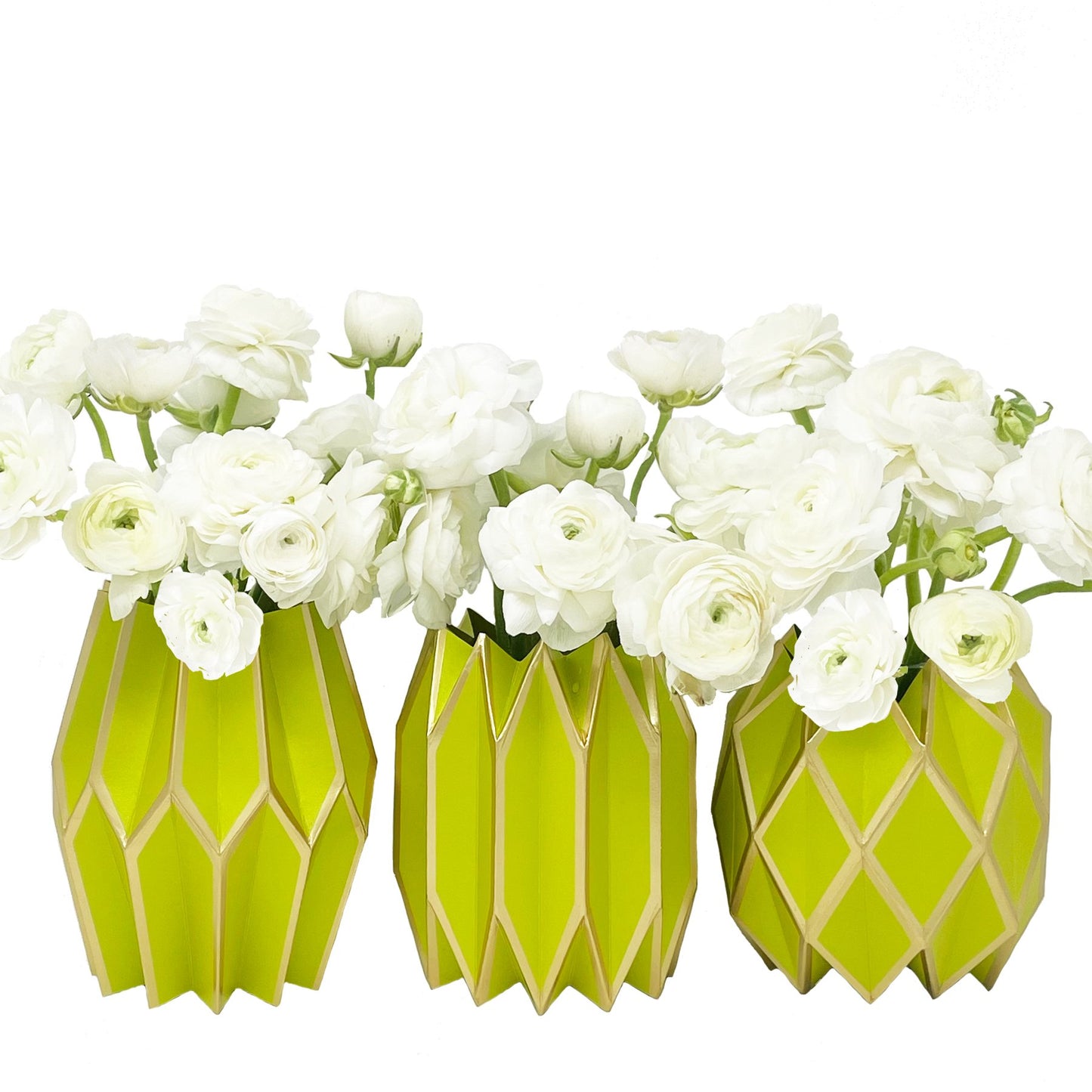 Chartreuse paper sleeve vases featuring gold accents with white flowers