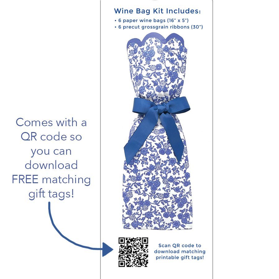 Graphic showing how to scan the QR code on the back of the bag for matching gift tags