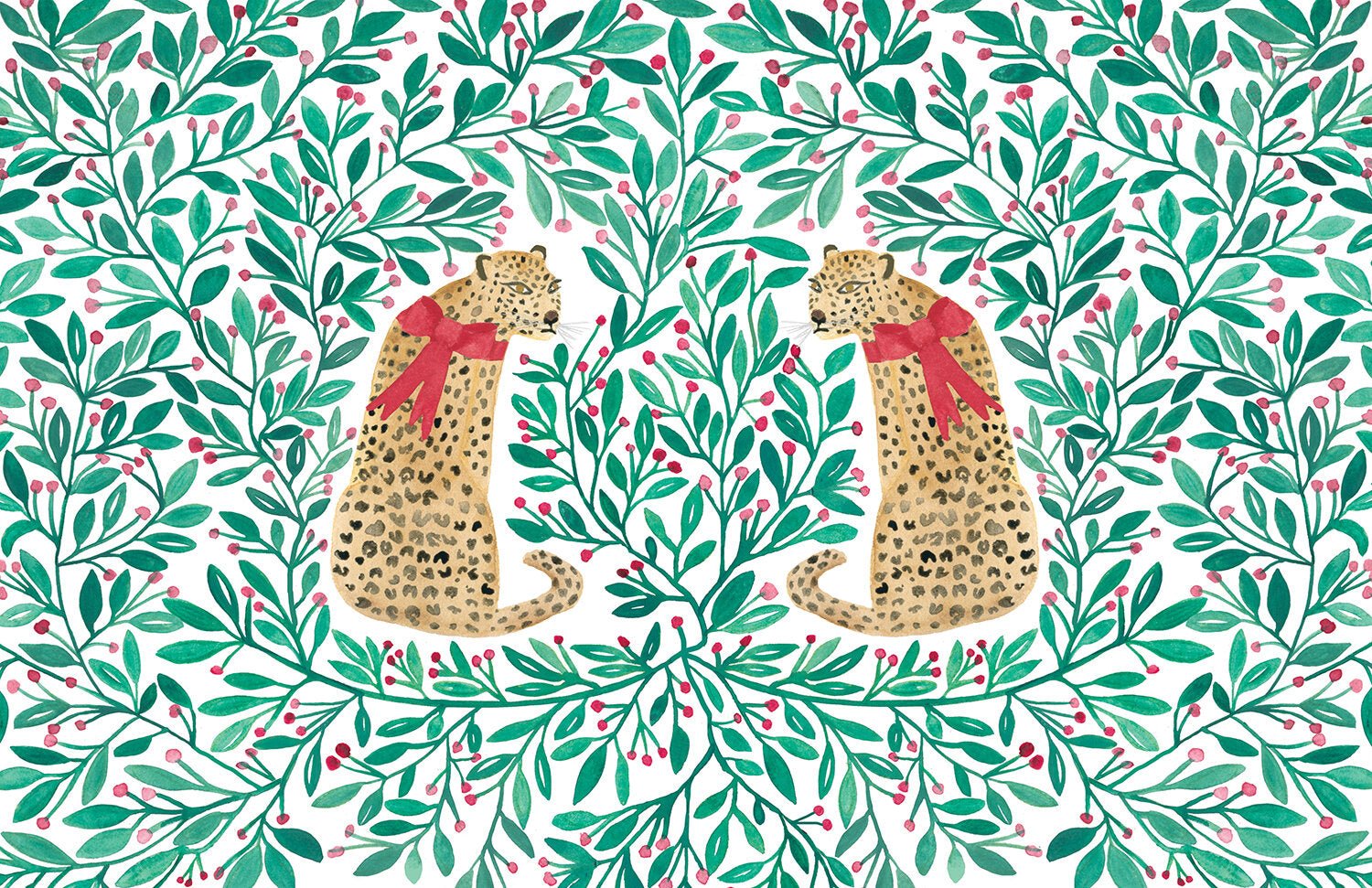 Holly berry patterned paper placemat with two leopards